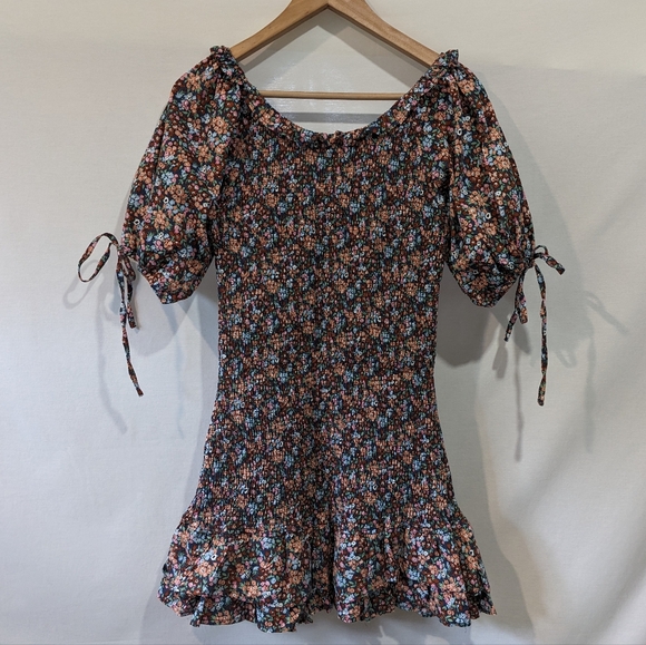 Mable 100% Cotton Floral Drop Waist Puff Sleeve Mini Dress Size Medium - Picture 9 of 12